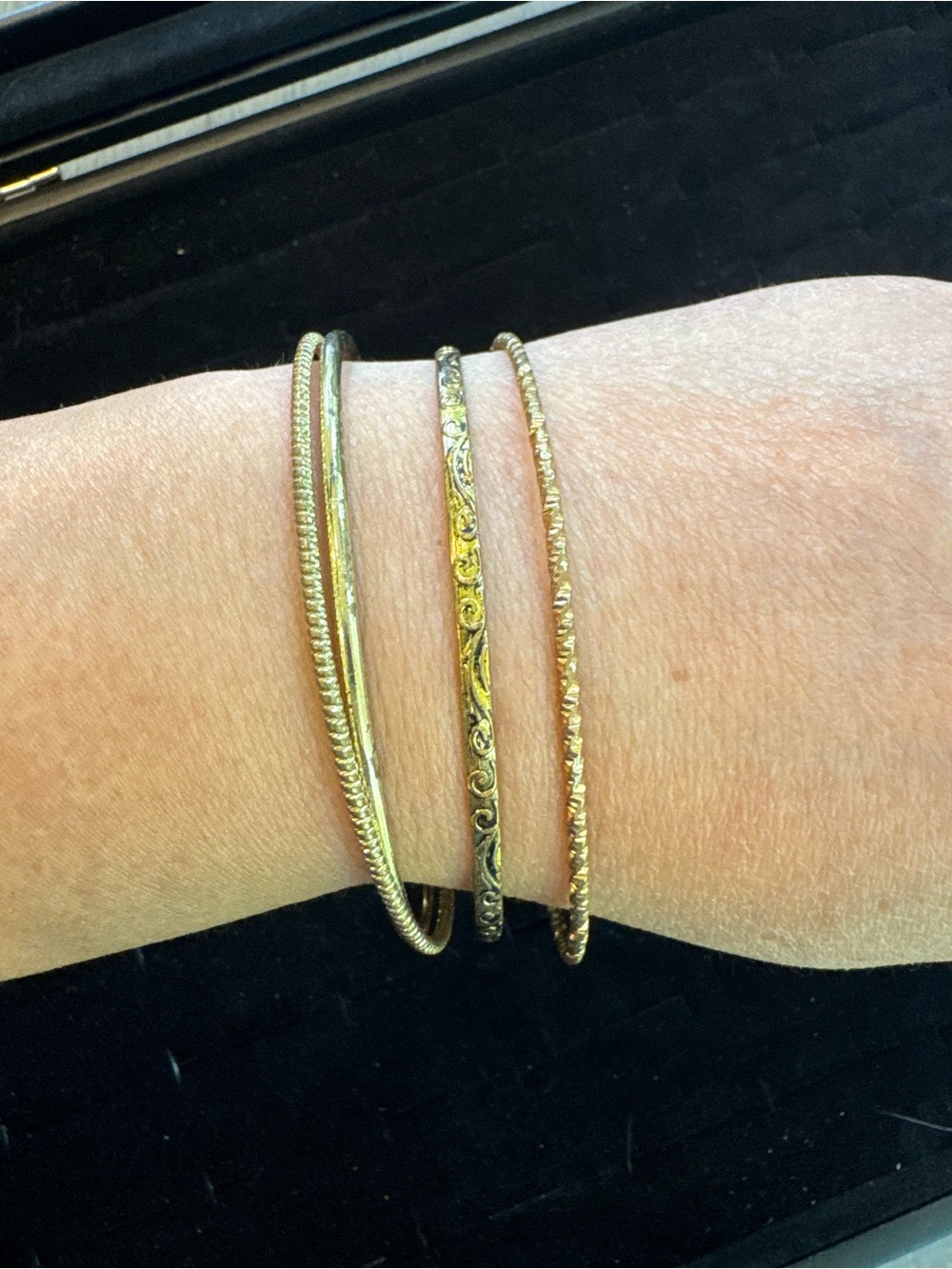 3 Gold Tone Bangle Bracelet Set Textured Etched Cuff Stackable Boho Jewelry